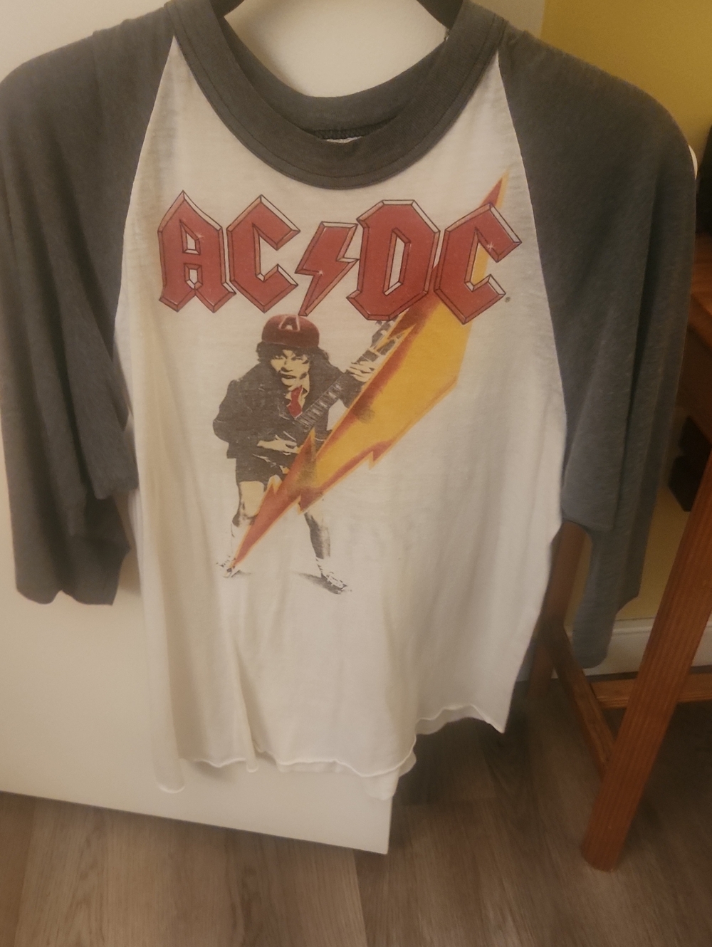 AC/DC White Tee with Gray Raglan Sleeves and Red Logo Vintage Late 70's